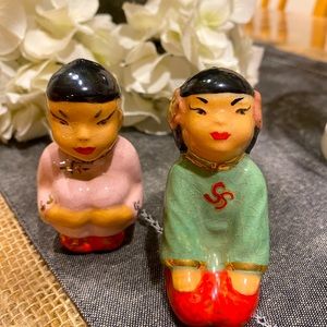 Vintage 1950s era made in Japan Asian man and woman salt and pepper shakers